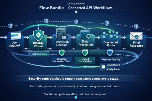 A dark blue digital infographic titled 'Flow Bundle - Connected API Workflows' by Zerqonixan, showing a step-by-step security and data processing workflow with icons and labels for user request, identity review, permission decision, data processing, connected route, and final response.