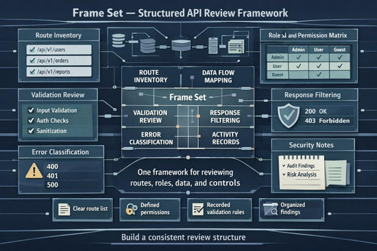 A dark blue infographic titled 'Frame Set — Structured API Review Framework' with multiple labeled boxes and connectors showing workflow elements such as route inventory, validation review, error classification, data flow mapping, response filtering, security notes, and permission matrix.