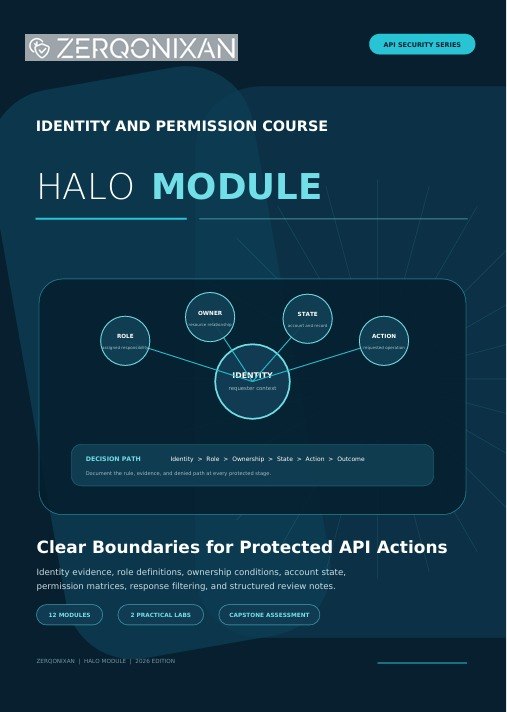 A digital cover page for a ZERQONIXAN 'Identity and Permission Course - Halo Module' on a dark blue background with white and light blue text and a central diagram showing identity, role, state, and action.