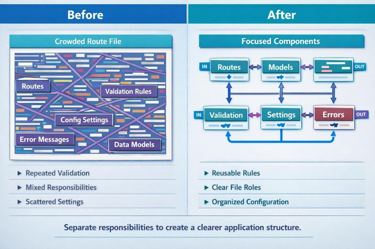 A before-and-after software architecture comparison graphic. The left panel, labeled 'Before,' shows a crowded route file with overlapping labeled boxes such as Routes, Validation Rules, Config Settings, Error Messages, and Data Models.