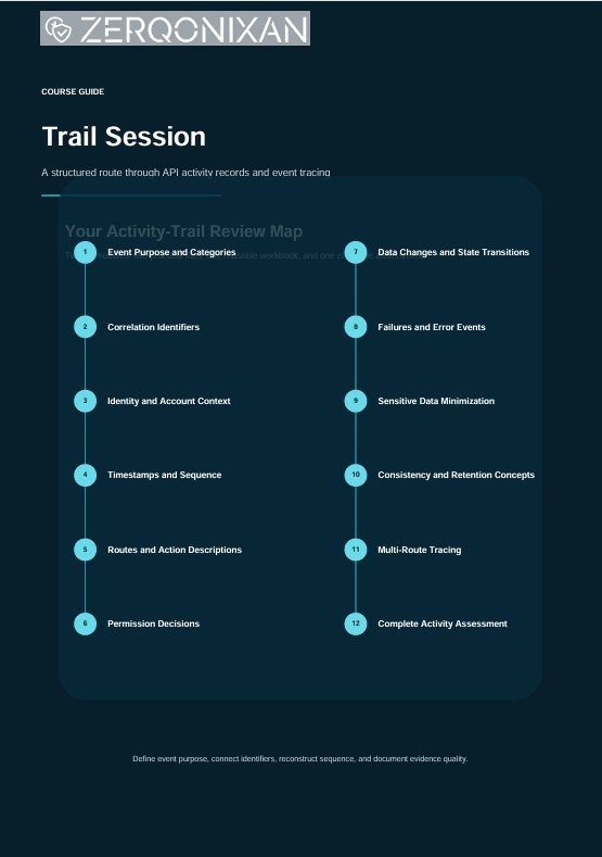 A digital course guide page titled 'Trail Session' from Zerqonixan, featuring a dark navy background with a light blue activity trail review map and a numbered list of topics.