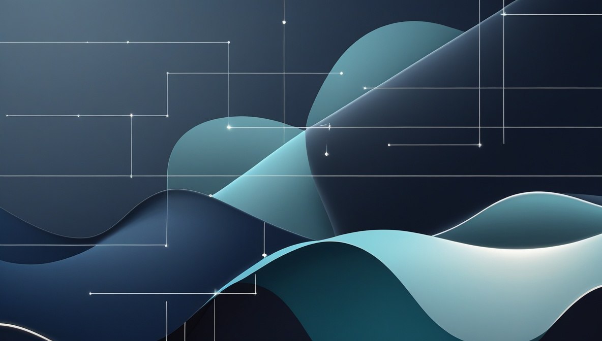 Abstract digital artwork featuring layered, flowing wave-like shapes in shades of dark blue, teal, and light cyan, overlaid with thin white geometric grid lines and connection points.