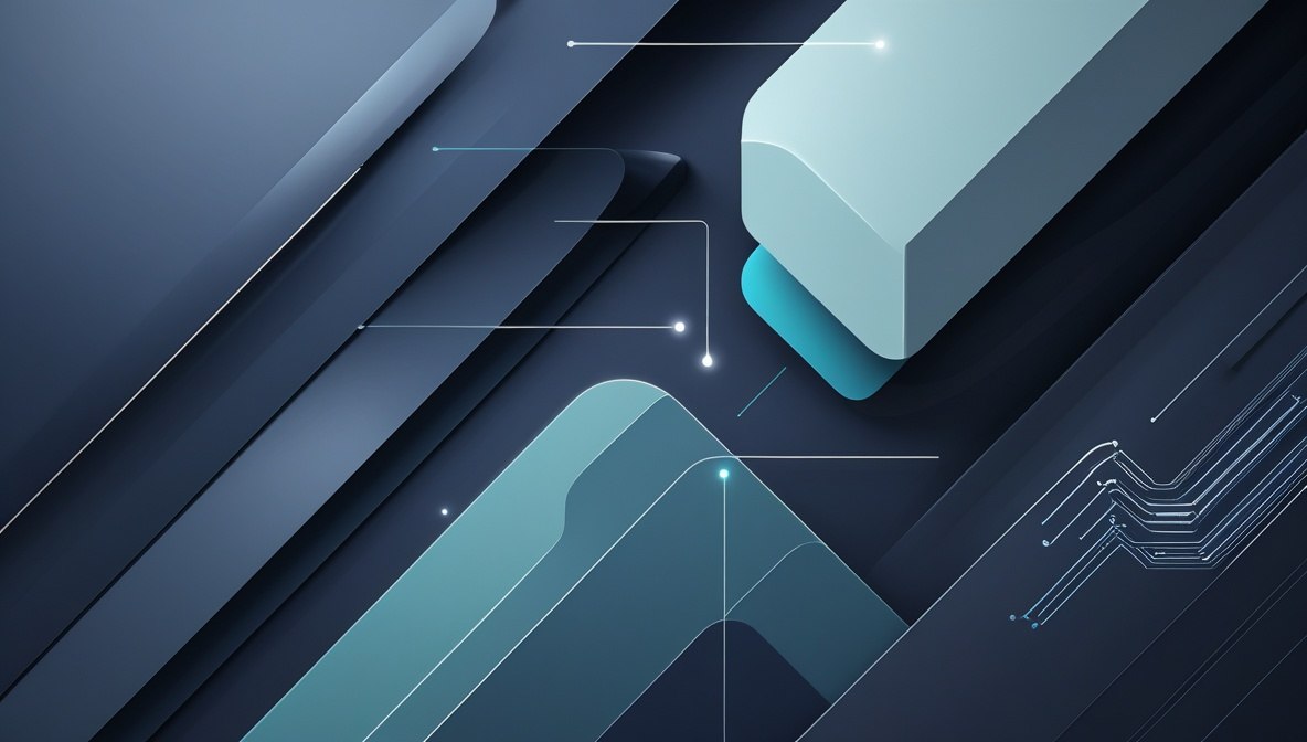 Abstract digital render of layered rectangular blocks and geometric shapes in dark blue, navy, and light cyan with thin circuit-like lines.