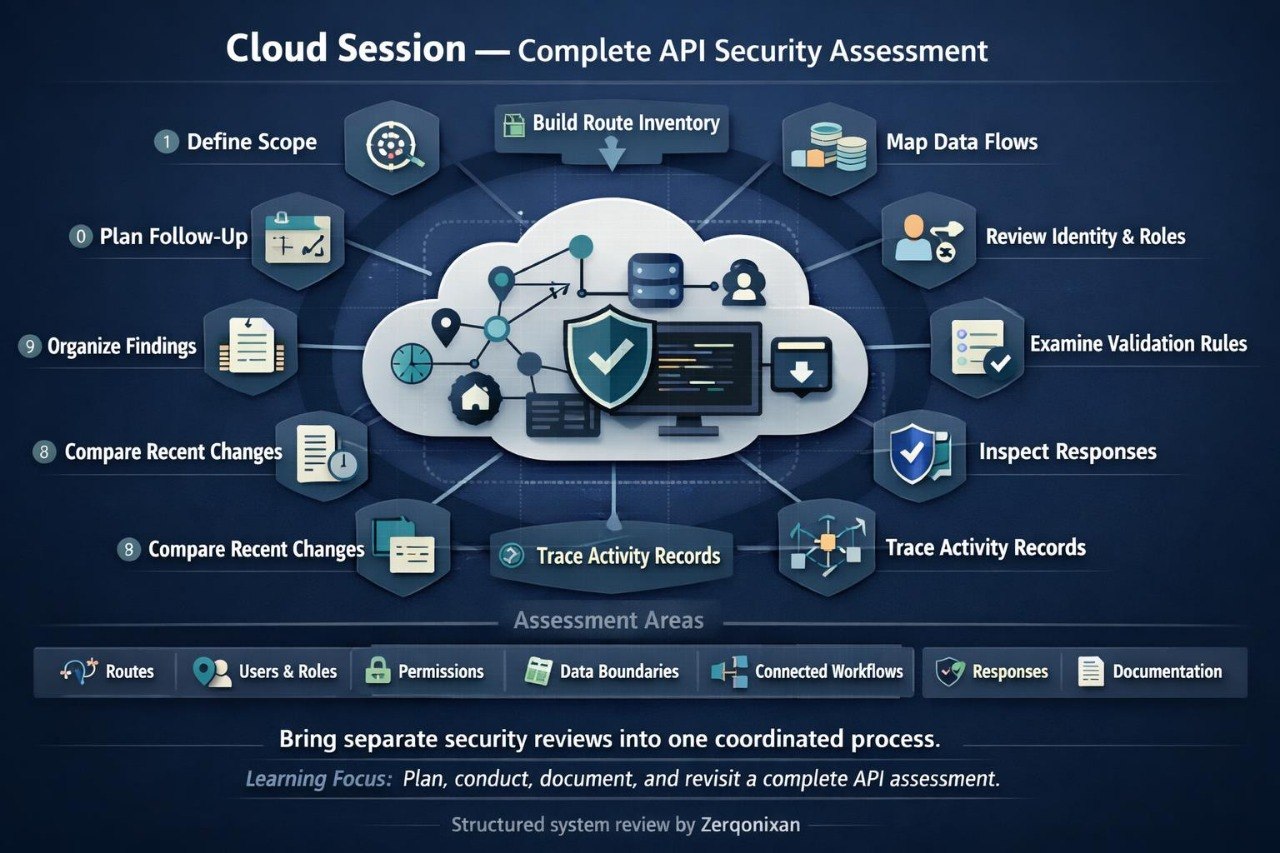 An infographic titled 'Cloud Session — Complete API Security Assessment' on a dark blue background, showing a central cloud icon with a shield and various connected security-related icons and text around it, plus a row of assessment areas at the bottom.