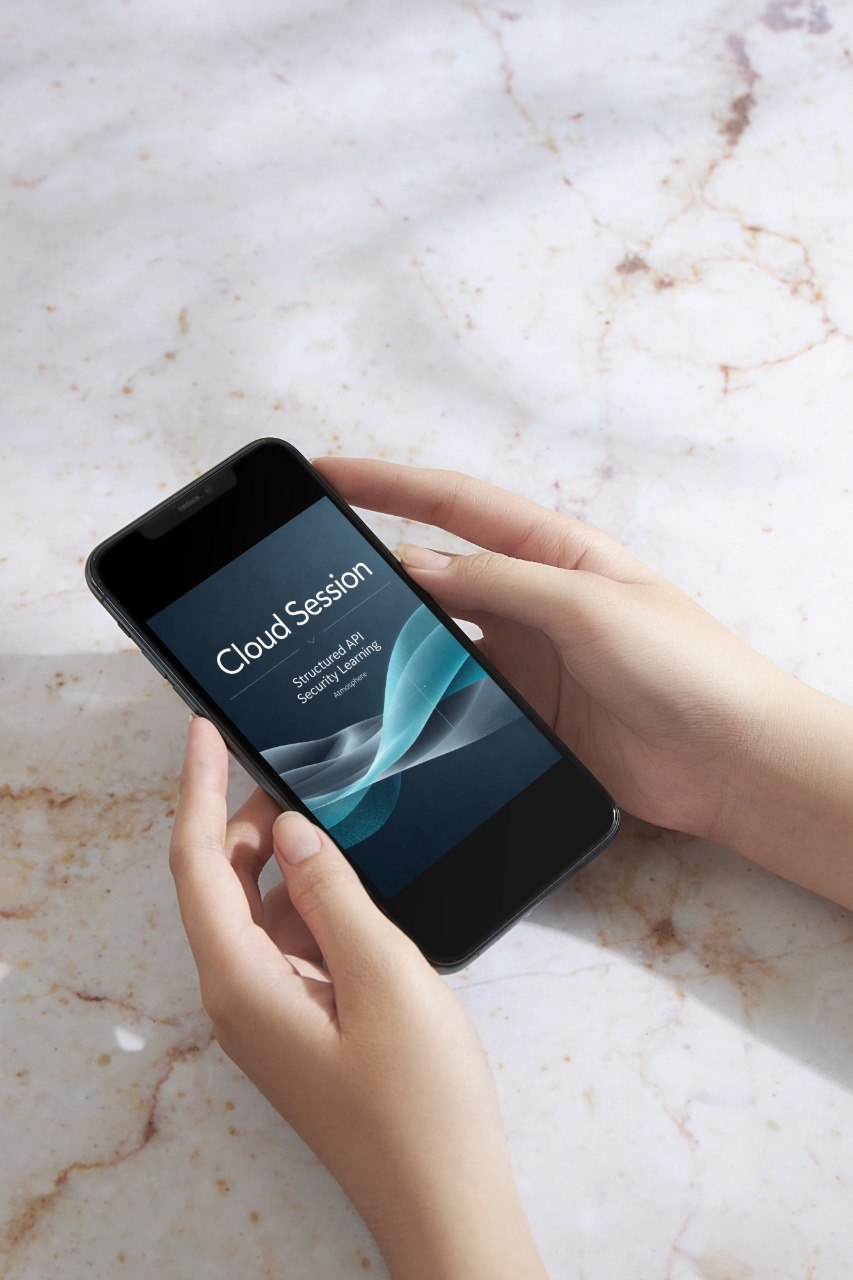A person holding a black smartphone with a 'Cloud Session' app screen, resting on a light beige marble surface.