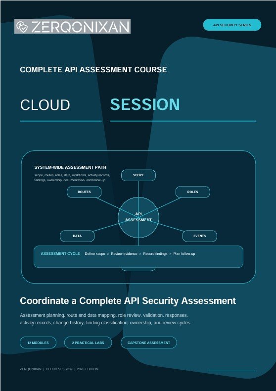 A digital cover graphic for the 'Zerqonixan Complete API Assessment Course - Cloud Session', featuring a dark teal and black background with a central diagram of an API assessment path.