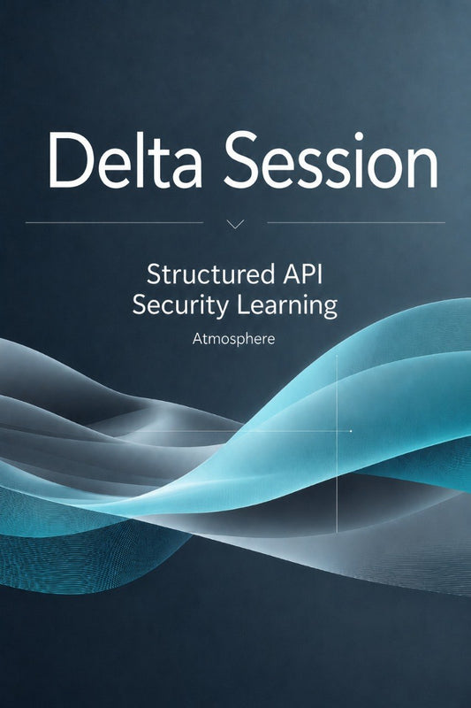 Digital cover graphic for 'Delta Session: Structured API Security Learning' by Atmosphere, featuring white text on a dark slate blue background with abstract flowing wave lines in shades of blue and gray.