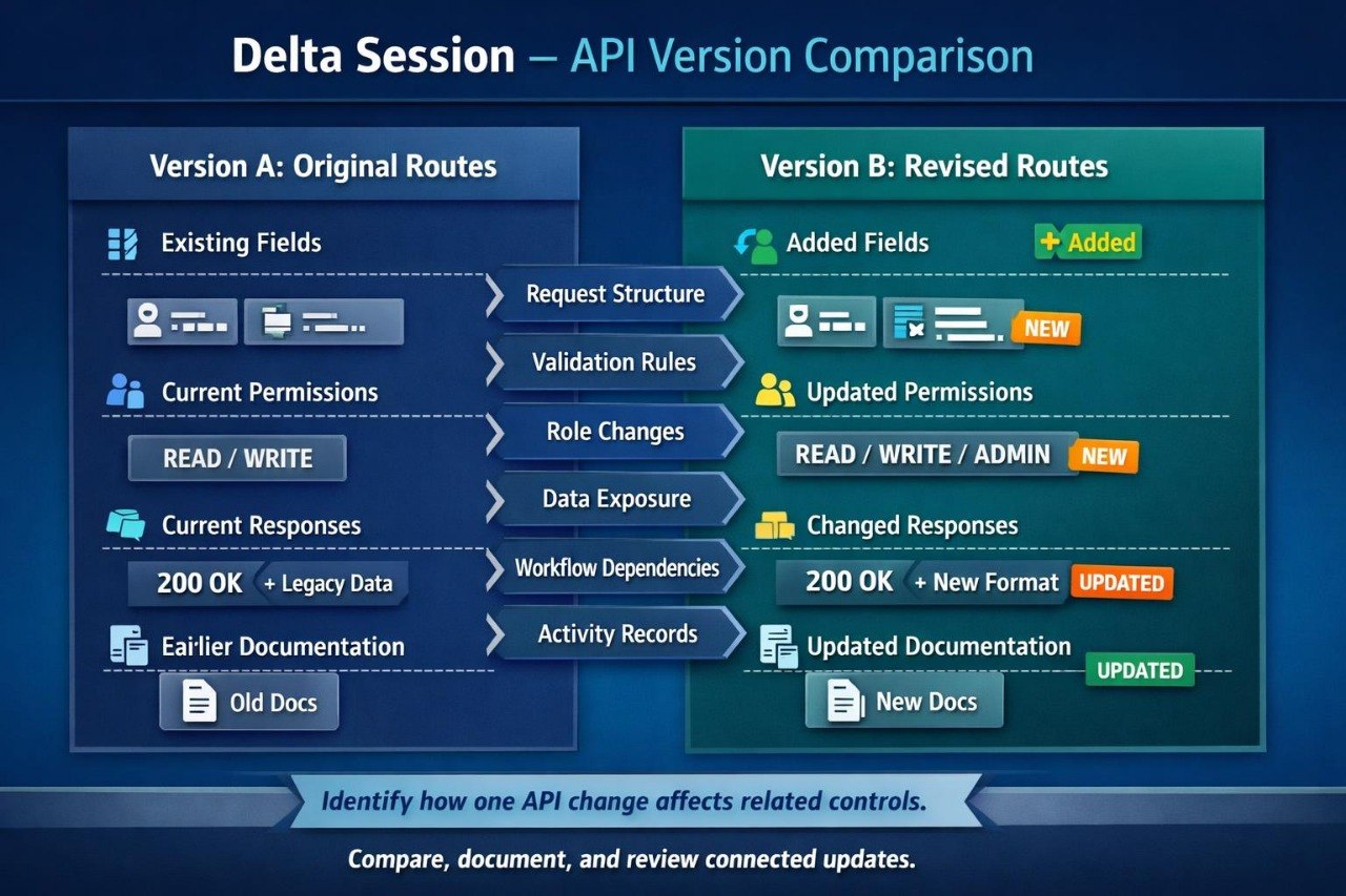 A digital comparison graphic titled 'Delta Session – API Version Comparison' showing Version A Original Routes on the left and Version B Revised Routes on the right, with feature lists, icons, and colored labels on a dark blue background.