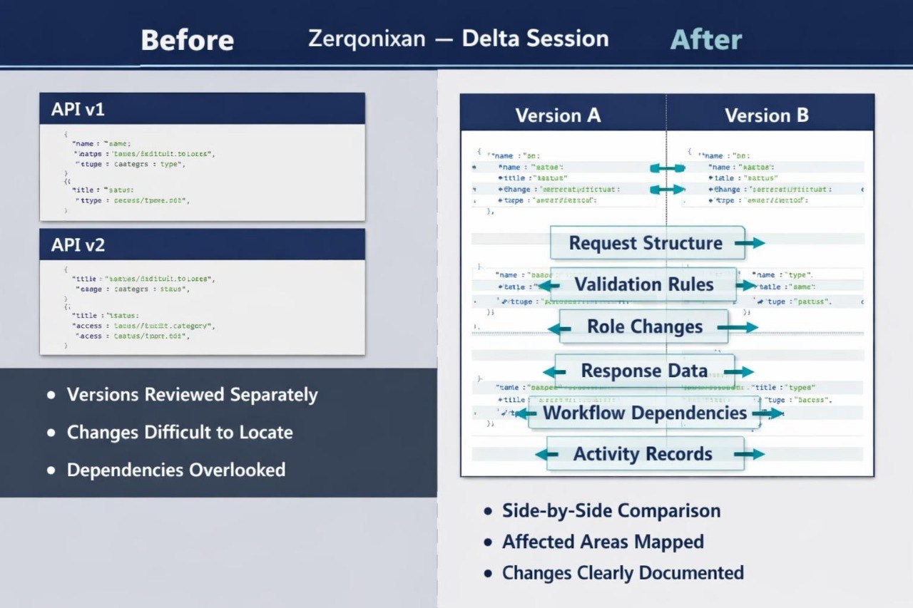 A presentation slide comparing API versions labeled 'Before' and 'After' for 'Zerqonixan — Delta Session'. The left side shows 'API v1' and 'API v2' code snippets with bullet points about reviewing versions separately.