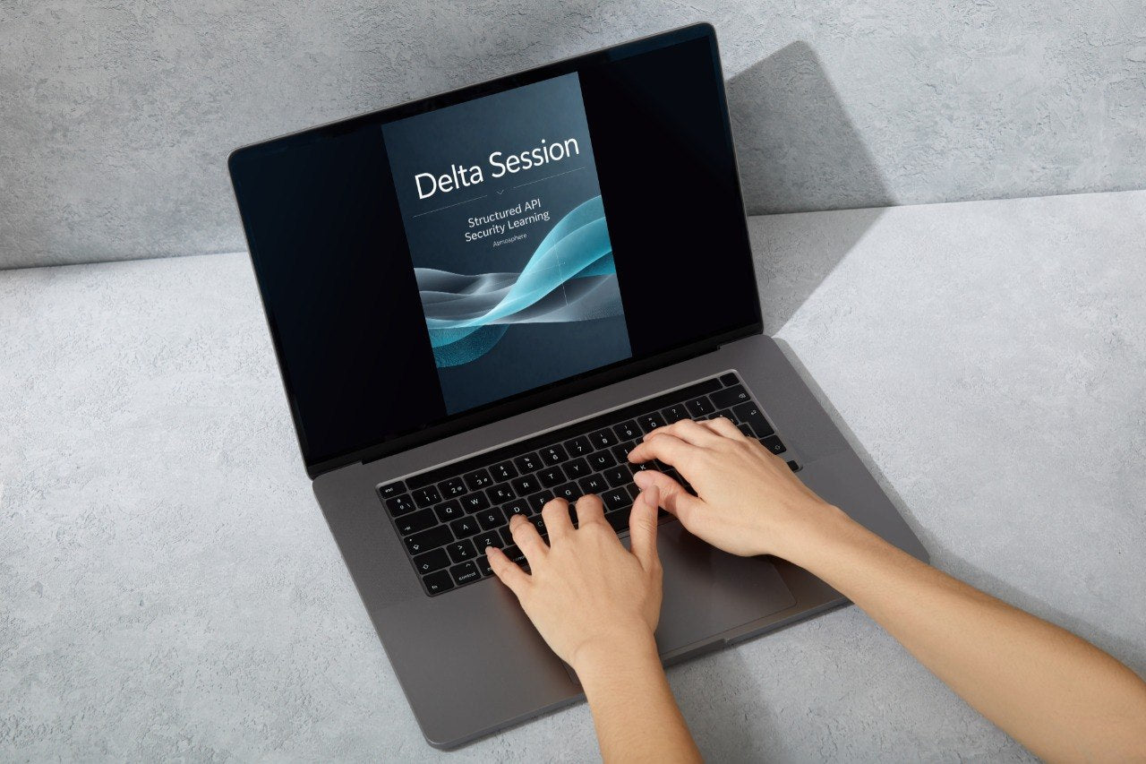 A person's hands typing on a dark gray laptop with the screen displaying 'Delta Session Structural Badging Strategy Deck'.
