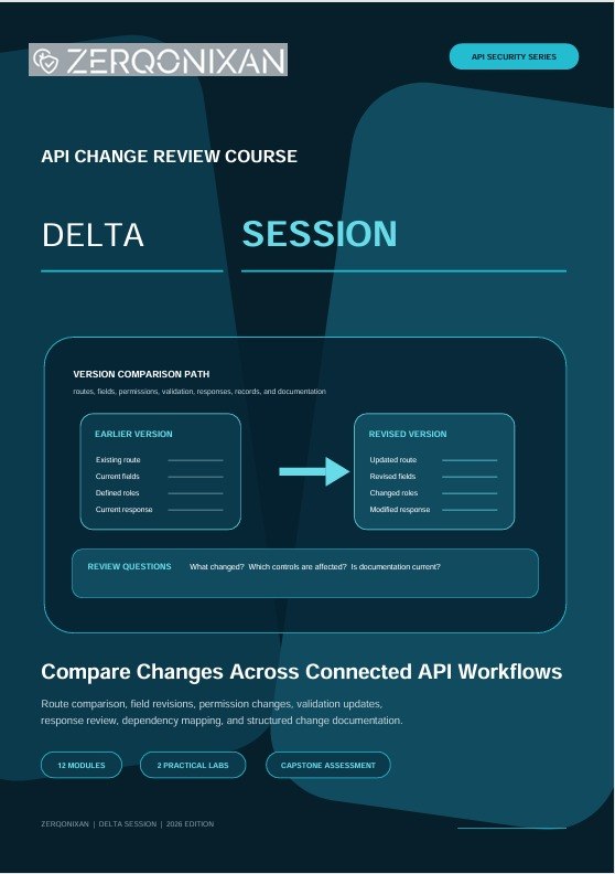 A promotional graphic for the ZERQONIXAN API Change Review Course, specifically for the Delta Session. The design features a dark teal and black background with light blue and white text and diagram elements illustrating version comparison paths for API workflows.