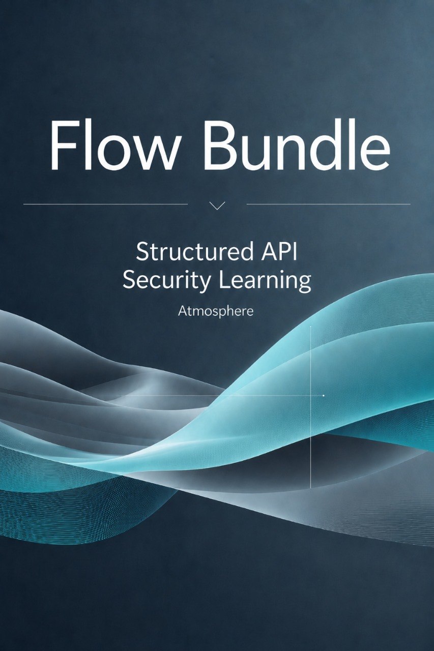 Digital cover graphic for a 'Flow Bundle' learning resource titled 'Structured API Security Learning' by Atmosphere, featuring white text and abstract flowing wave graphics in shades of blue and gray on a dark slate background.