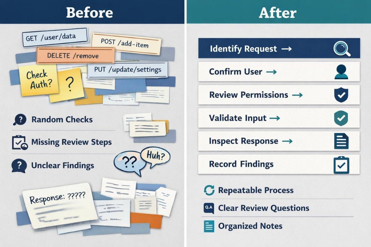 A side-by-side comparison graphic labeled 'Before' and 'After' showing a workflow improvement. The left side depicts a messy, cluttered notes-and-questions scene with sticky notes, question marks, and unclear findings.