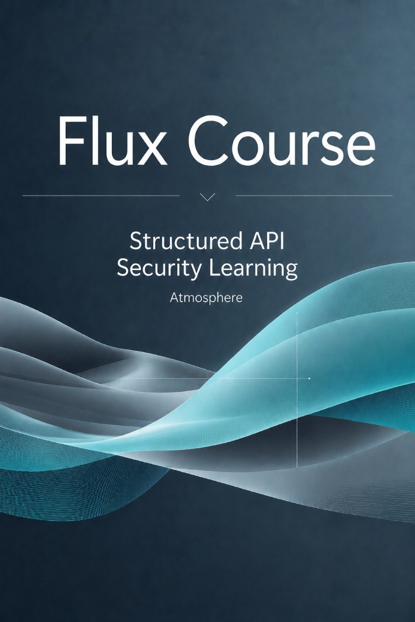 Digital cover graphic for 'Flux Course' featuring white text on a dark slate blue background with abstract flowing wave patterns in shades of teal and light blue.