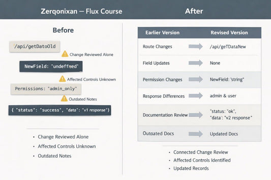 A comparison infographic titled 'Zerqonqian - Flux Course' showing 'Before' and 'After' states of a data API. The 'Before' column lists issues like 'Change Reviewed Alone' and 'Newfield: "undefined"' highlighted in yellow and dark gray.