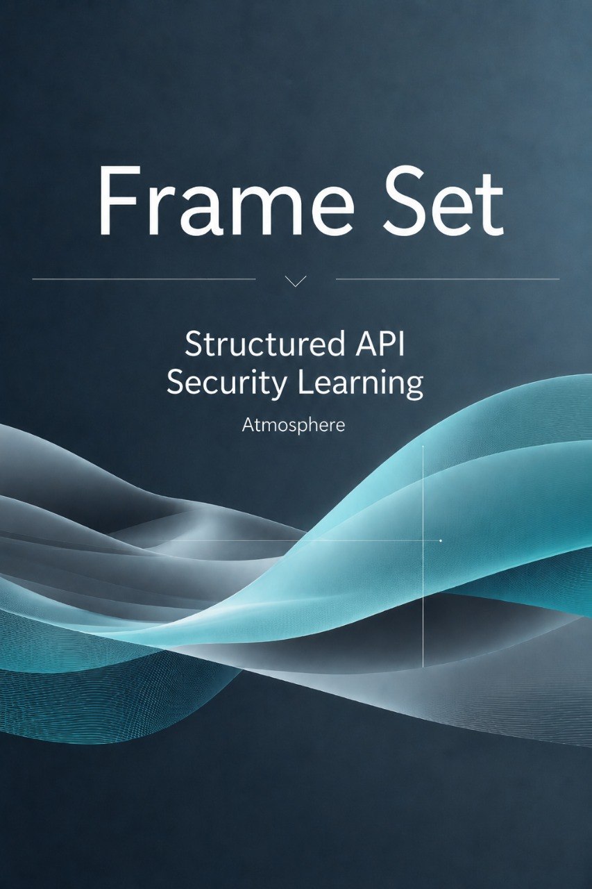 Digital cover graphic for 'Frame Set: Structured API Security Learning' by Atmosphere, featuring white text on a dark slate blue background with abstract flowing wave lines in shades of teal and gray.