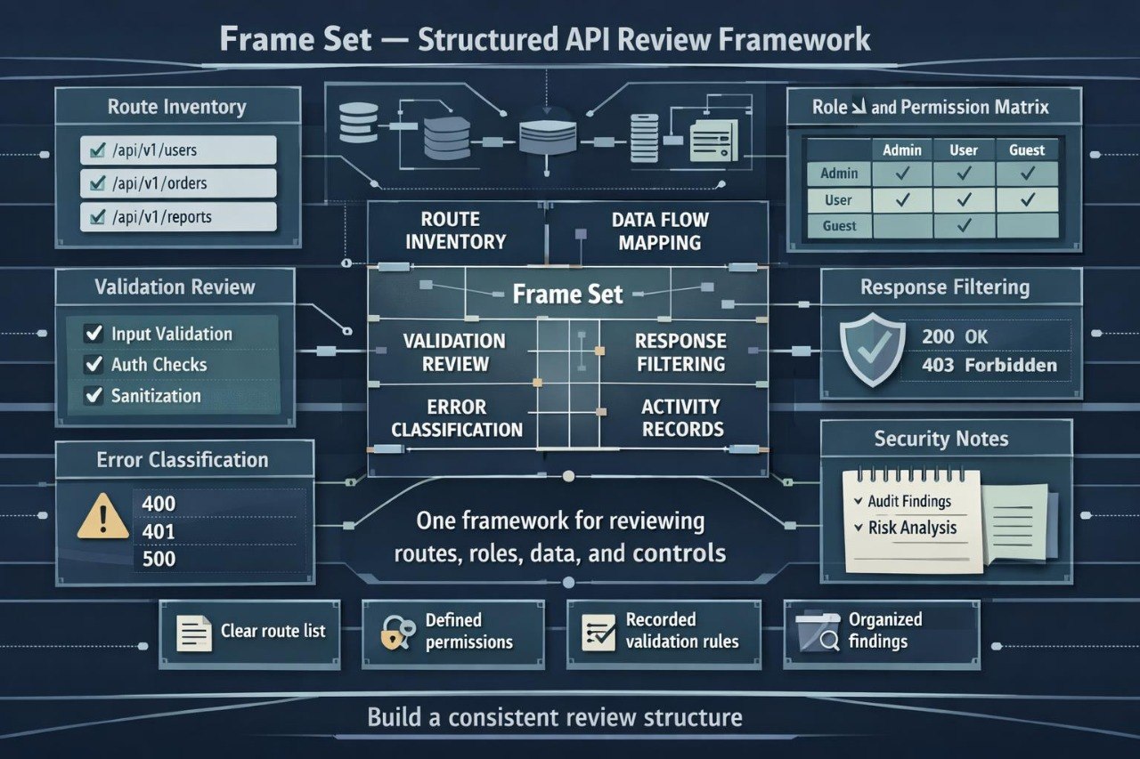 A dark blue infographic titled 'Frame Set — Structured API Review Framework' with multiple labeled boxes and connectors showing workflow elements such as route inventory, validation review, error classification, data flow mapping, response filtering, security notes, and permission matrix.
