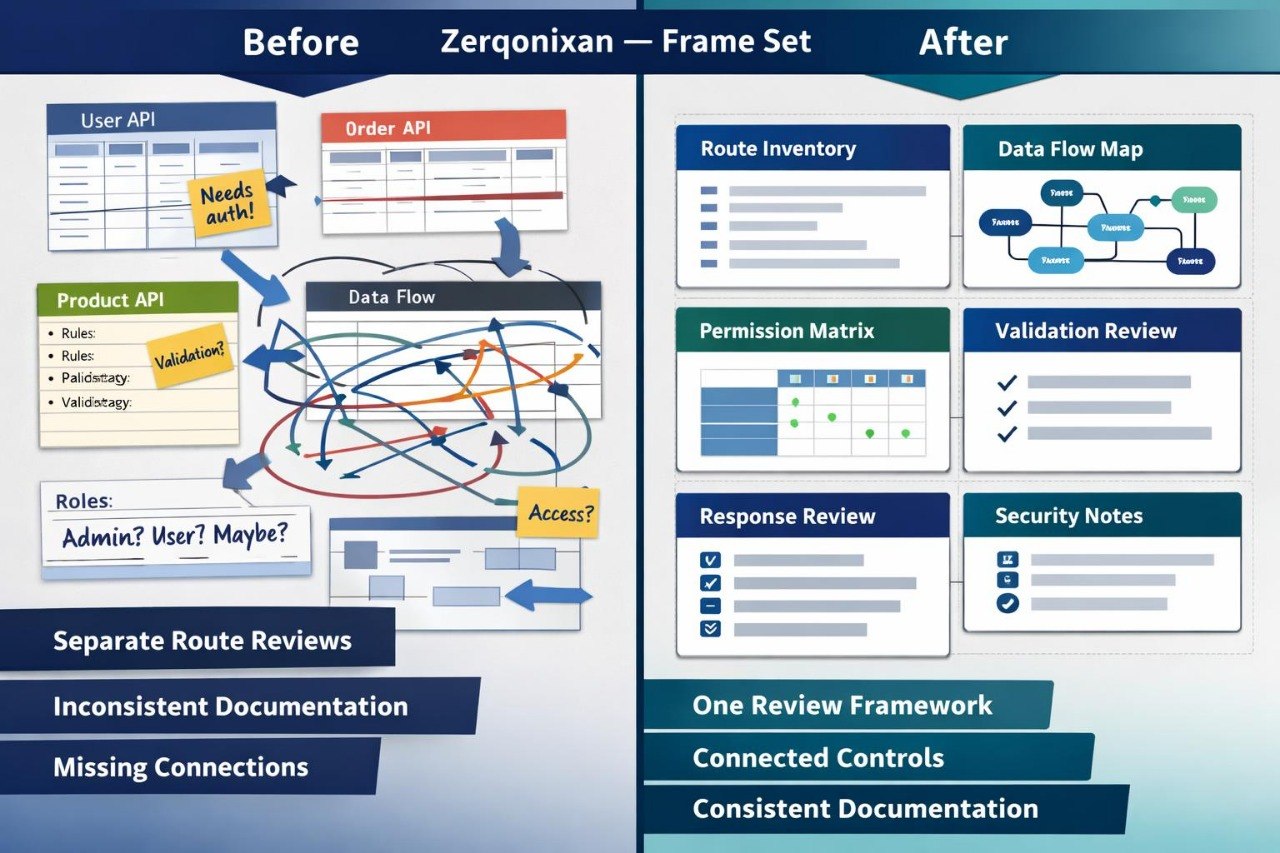 A comparison infographic titled 'Before Zerqonixan - Frame Set' and 'After' showing a before-and-after workflow diagram for user and order APIs, with blue, teal, yellow, and red sections highlighting documentation and review improvements.