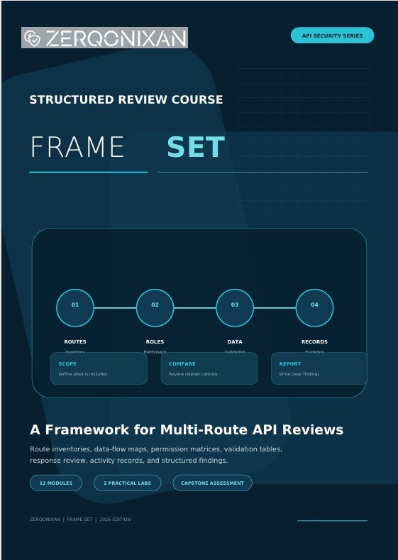 A digital cover page for a cybersecurity training course titled 'FRAME SET' by Zerqonixan, featuring a dark blue and teal color scheme with a workflow diagram for multi-route API reviews.