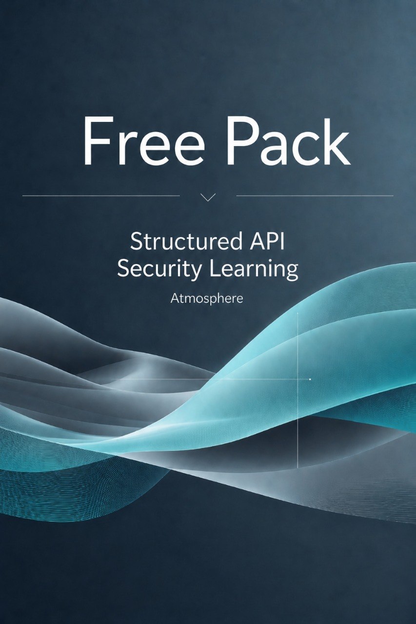 Digital cover graphic for a 'Free Pack' titled 'Structured API Security Learning' by Atmosphere, featuring white text on a dark slate blue background with abstract flowing wave patterns in shades of teal and light blue.