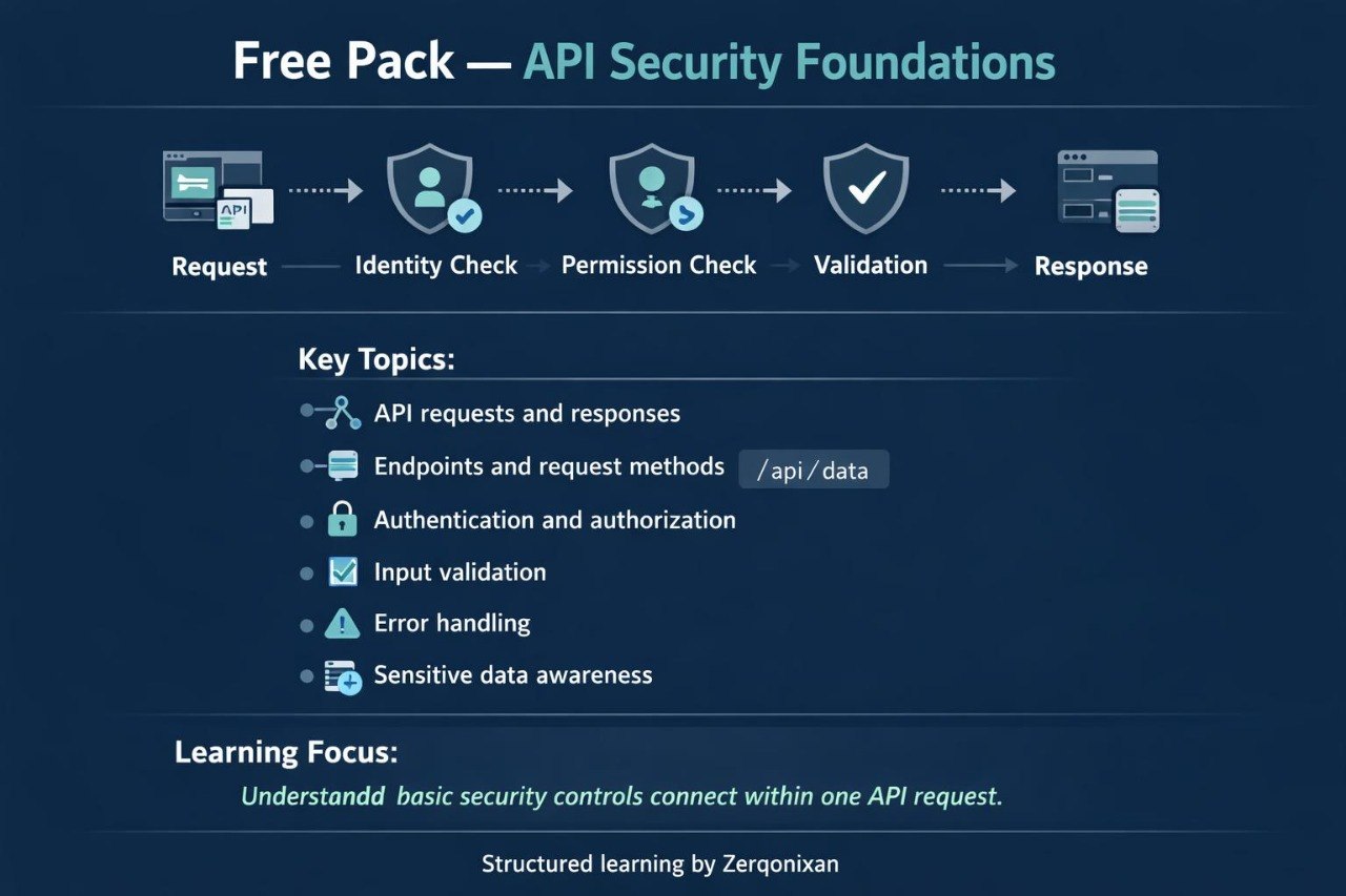 A dark blue digital infographic titled 'Free Pack — API Security Foundations' showing a request flow with identity check, permission check, and validation, plus a list of key topics such as API requests, endpoints, authentication, and input validation.