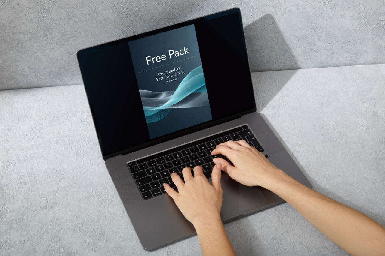 A gray laptop on a light gray textured surface, with a person's hands typing on the keyboard. The screen displays a digital cover titled 'Free Pack'.