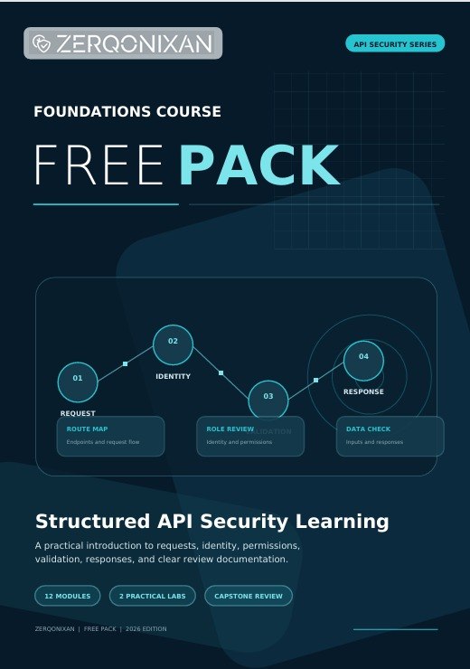 Promotional graphic for a ZERQONIXAN Foundations Course Free Pack, featuring a dark blue and teal tech-themed layout with text, icons, and a flow diagram for API security learning.