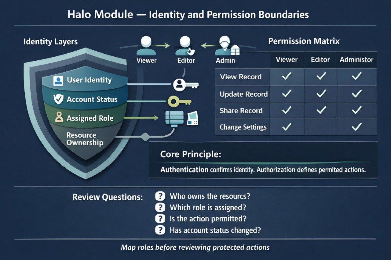 An infographic titled 'Halo Module — Identity and Permission Boundaries' on a dark blue background, showing a shield labeled identity layers, a permission matrix table, and review questions about roles and permissions.