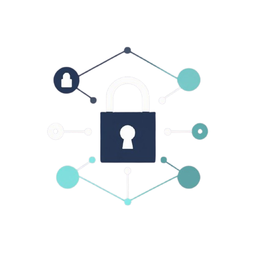 A digital vector graphic of a dark navy blue padlock icon in the center, surrounded by light teal and dark navy dots and lines on a solid white background.