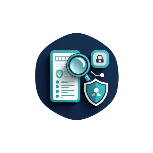 A digital vector icon representing digital security and privacy, featuring a magnifying glass over a document, a shield, and a padlock, all in shades of teal and white, set against a dark navy blue circular background on a solid white canvas.