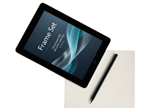 A black tablet angled on a white surface, displaying a course or document cover titled 'Frame Set' with abstract blue and gray waves. A black stylus rests on a light beige sheet of paper beside the tablet.