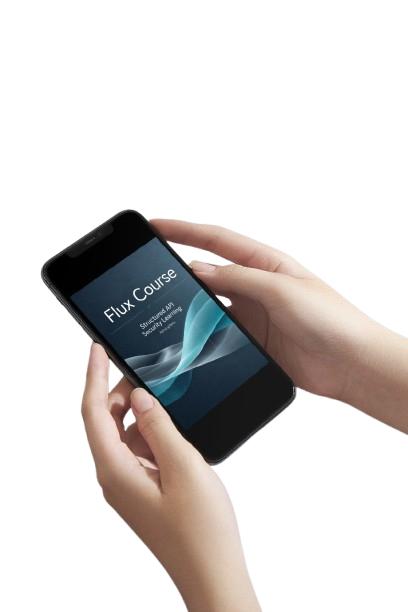 A person's hands holding a black smartphone displaying the Flux Course app on a solid white background.