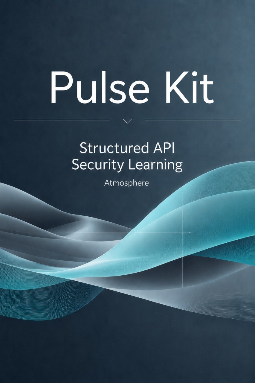 Digital cover graphic for 'Pulse Kit: Structured API Security Learning' by Atmosphere, featuring white text on a dark slate blue background with abstract flowing wave lines in shades of teal and light blue.