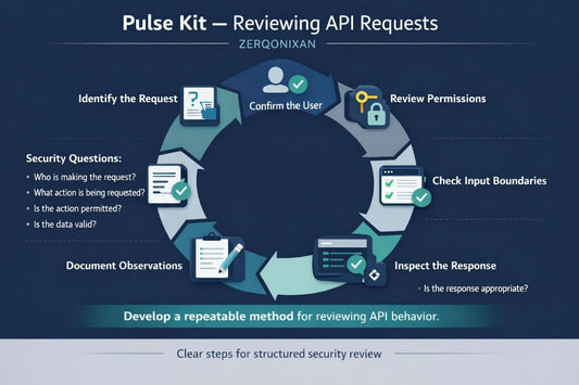 A digital infographic titled 'Pulse Kit - Reviewing API Requests' by Zerqonixan, showing a circular workflow diagram with steps for security review including identify the request, confirm the user, review permissions, check input boundaries, inspect the response, and document observations on a dark blue background.