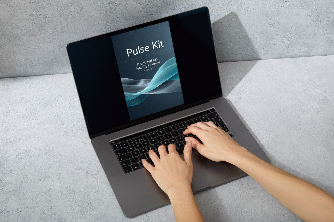 A gray laptop on a light gray textured surface, with a person's hands typing on the keyboard. The screen displays a presentation slide titled 'Pulse Kit'.
