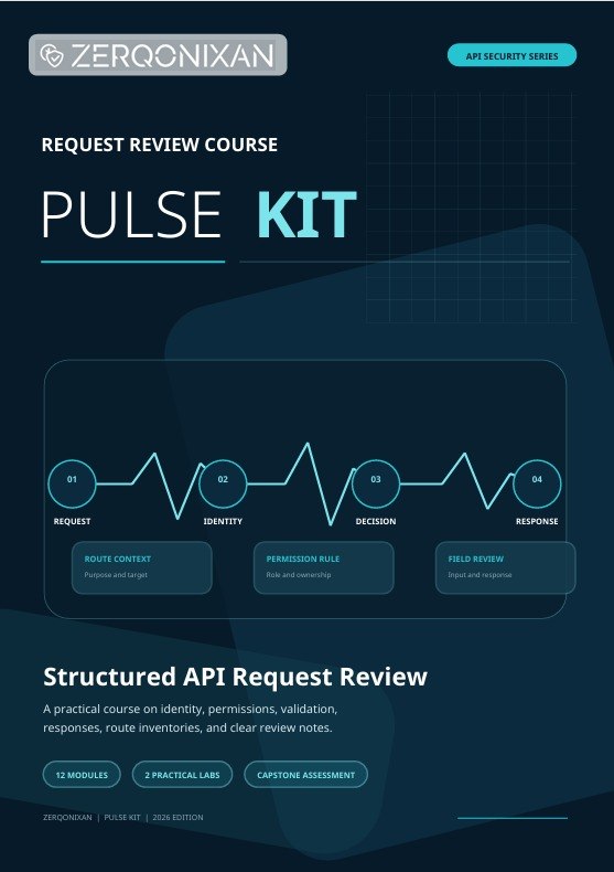 Digital cover graphic for the ZERQONIXAN Pulse Kit Request Review Course, featuring a dark navy blue background with a light blue and white design, a progress flowchart, and course details.