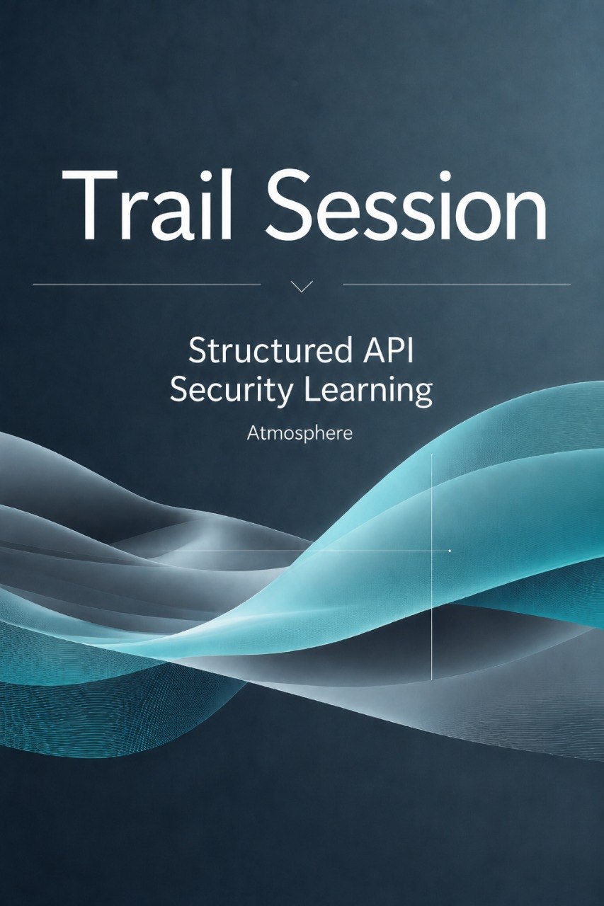 A digital cover graphic for 'Trail Session' structured API security learning by Atmosphere, featuring white text on a dark slate blue background with abstract flowing wave patterns in shades of teal and light blue.