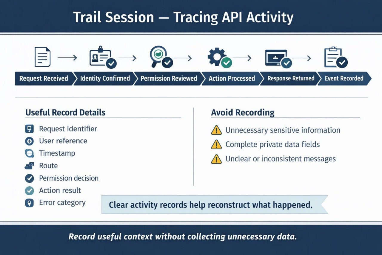 A digital infographic titled 'Trail Session — Tracing API Activity' with a dark blue header and footer, white background in the center, and illustrated workflow steps from request receipt to event recording. It lists useful record details and caution points for API activity logging.
