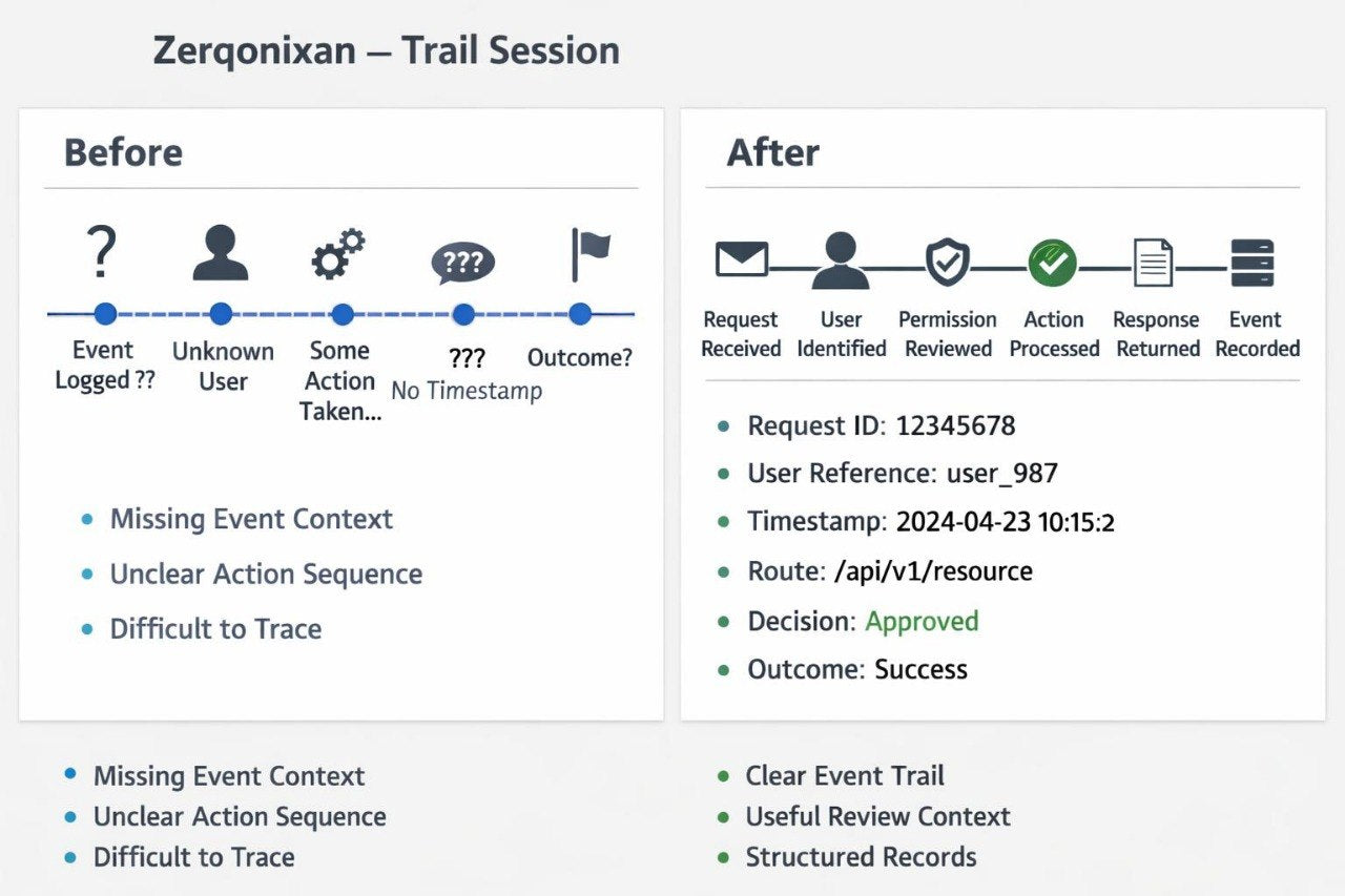 A comparison infographic titled 'Zerqonixan – Trail Session' showing a 'Before' and 'After' table for debugging event tracking. The left 'Before' column uses icons and bullet points to describe missing event context, unclear action sequences, and difficulty tracing.