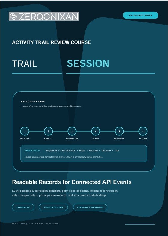 A digital cover page for the Zerqonixan Activity Trail Review Course, Session 1, featuring a dark teal and black background with white and light blue text and UI-style graphics.