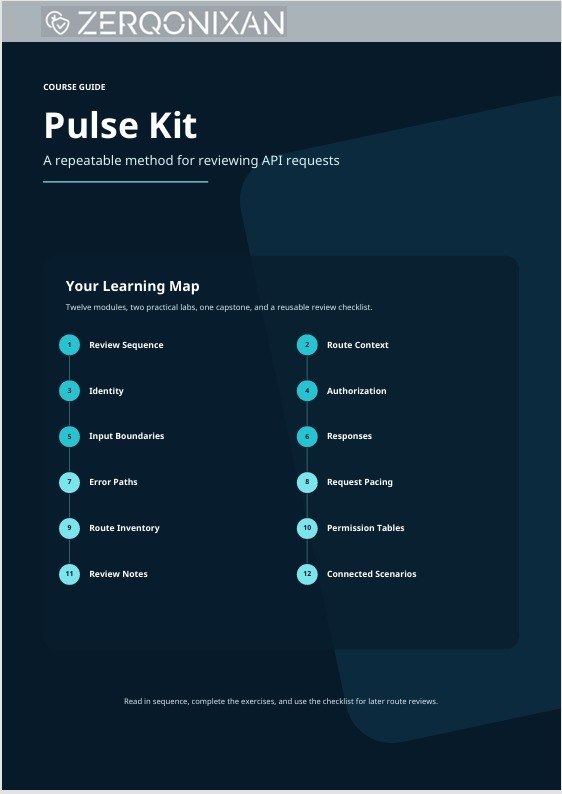 A dark blue digital course guide cover for 'Pulse Kit' by Zerqonixan, featuring a learning map with numbered steps and bullet points on a dark background.