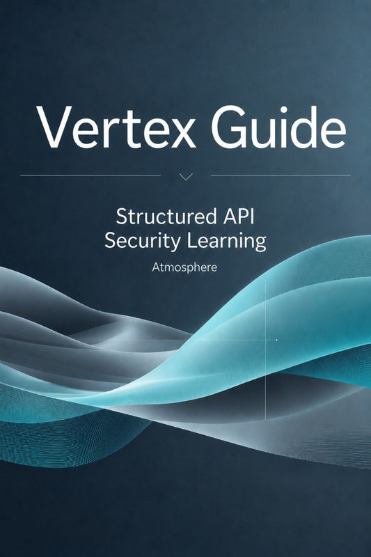 A book or guide cover titled "Vertex Guide" with the subtitle "Structured API Security Learning" and the word "Atmosphere" below, shown on a dark blue background with flowing translucent teal and gray wave graphics.