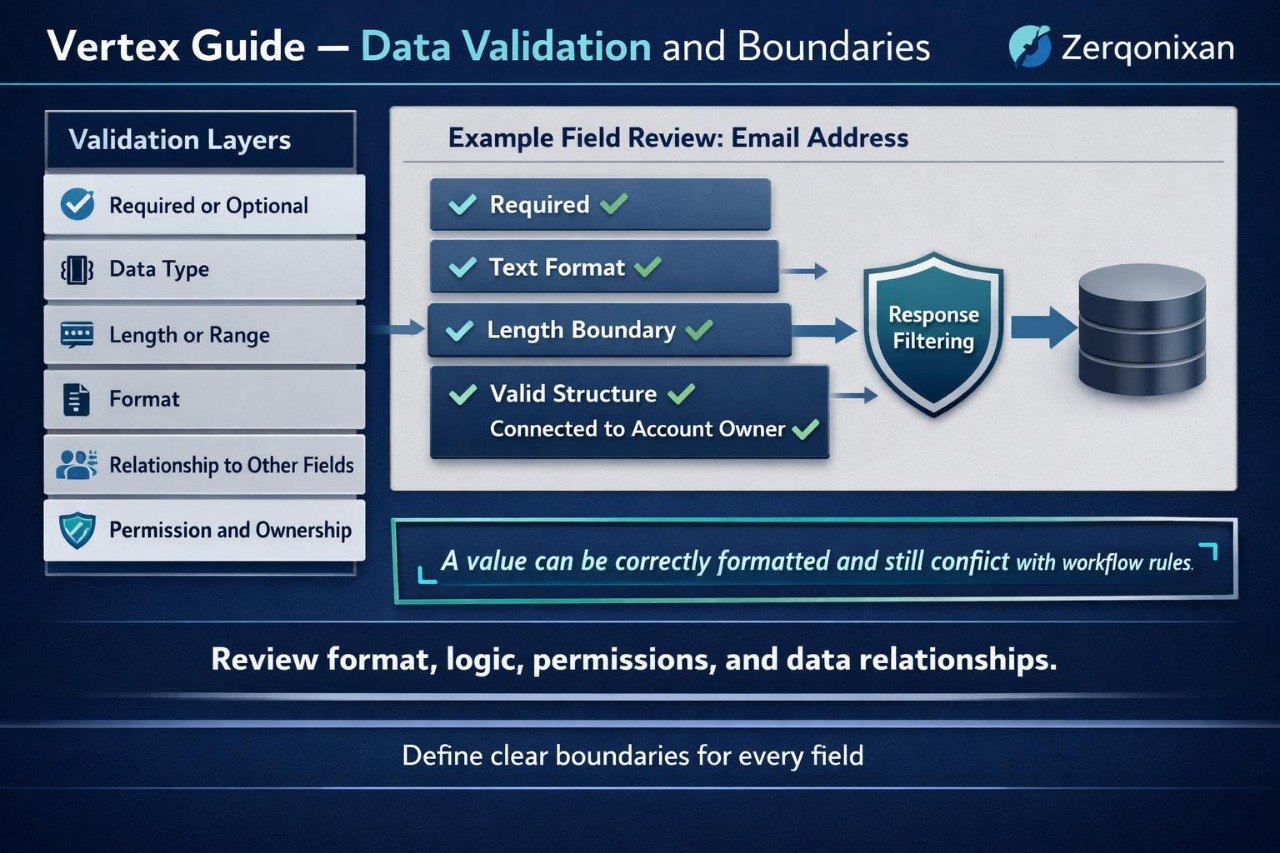 A digital slide titled 'Vertex Guide — Data Validation and Boundaries' with Zerqonixan branding, showing a blue and white diagram about validation layers, email address field review, response filtering, and database storage.