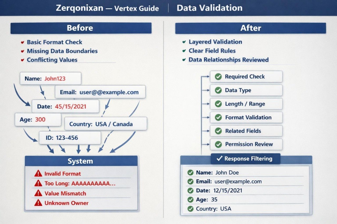 A side-by-side comparison infographic titled 'Zerqonixan – Vertex Guide' and 'Data Validation', showing sample user data fields labeled 'Before' and 'After' with checklist items, arrows, and red warning icons on a pale blue background.