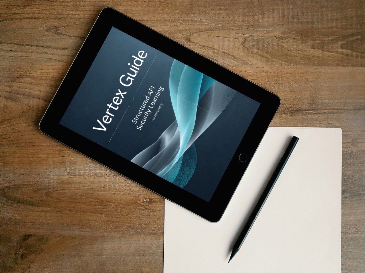A tablet lying on a wooden desk, displaying a cover titled 'Vertex Guide: Structured JS2 Semantic Learning'. A white sheet of paper and a black stylus are placed beside it.