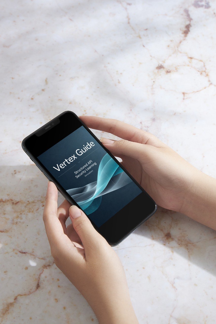 A person holds a black smartphone over a light marble surface. The phone screen displays the text 'Vertex Guide' with a dark blue and teal abstract wave graphic.