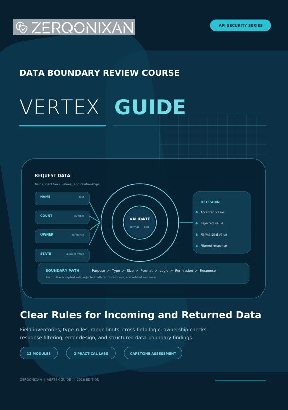 A dark blue digital cover for a Zerqonixan data boundary review course titled 'Vertex Guide', with text and a diagram about incoming and returned data rules.